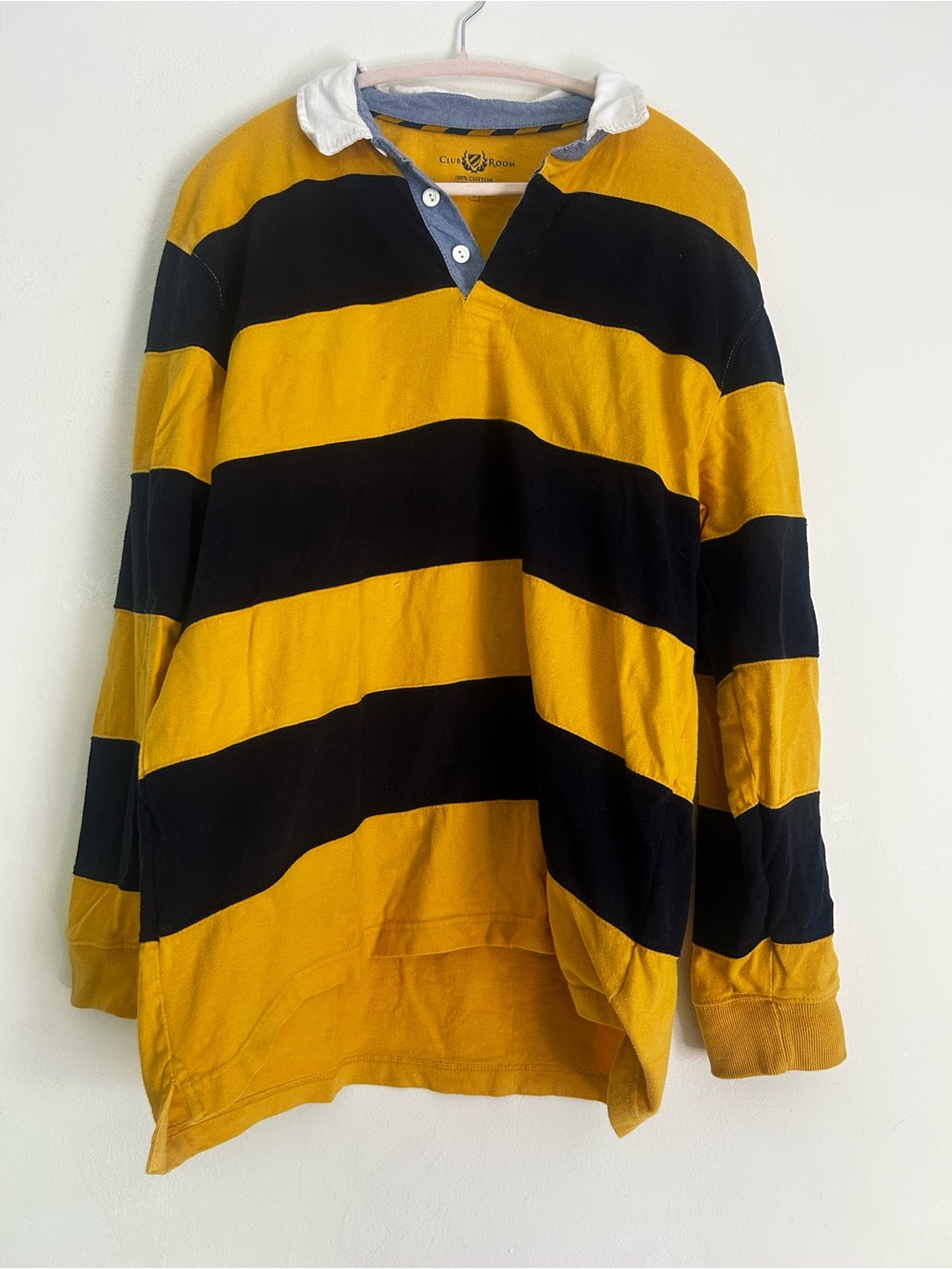 Cotton Club Yellow & Navy Striped Rugby Shirt with Contrast Denim Collar